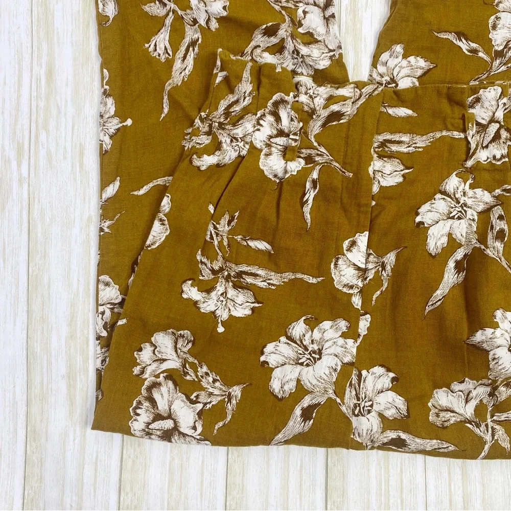 Zara Golden Yellow Floral Print Linen Blend High Waist Pants